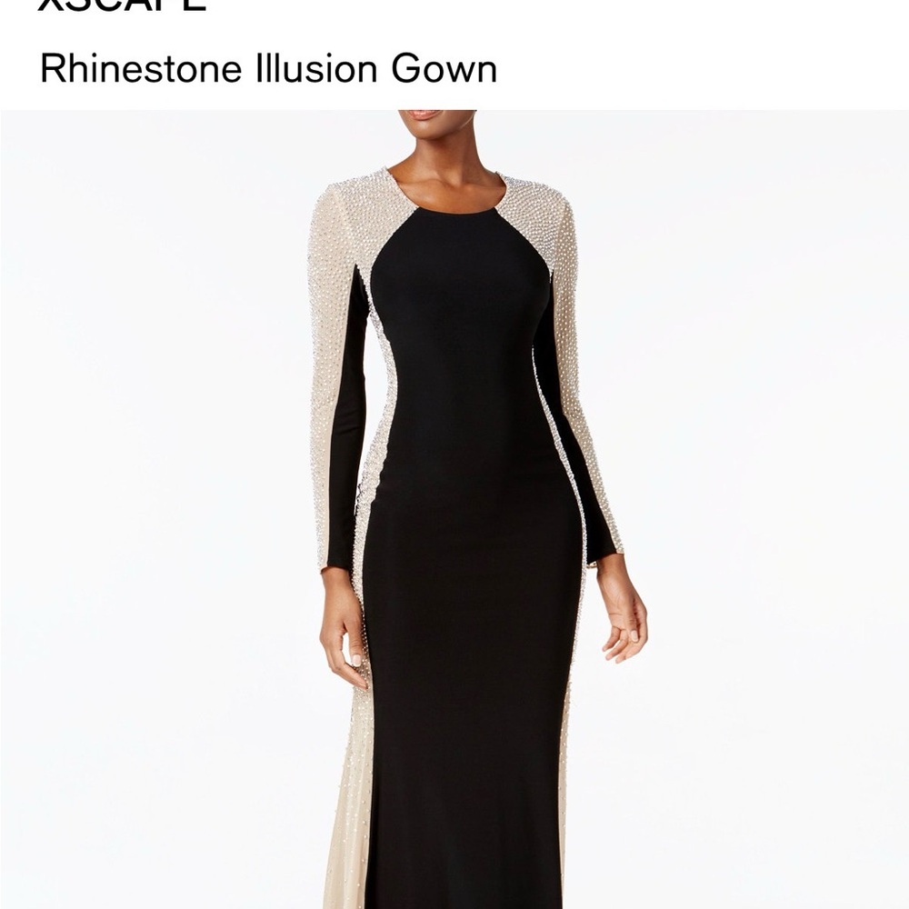 Xscape Black and Cream Long Sleeve Rhinestone Dress